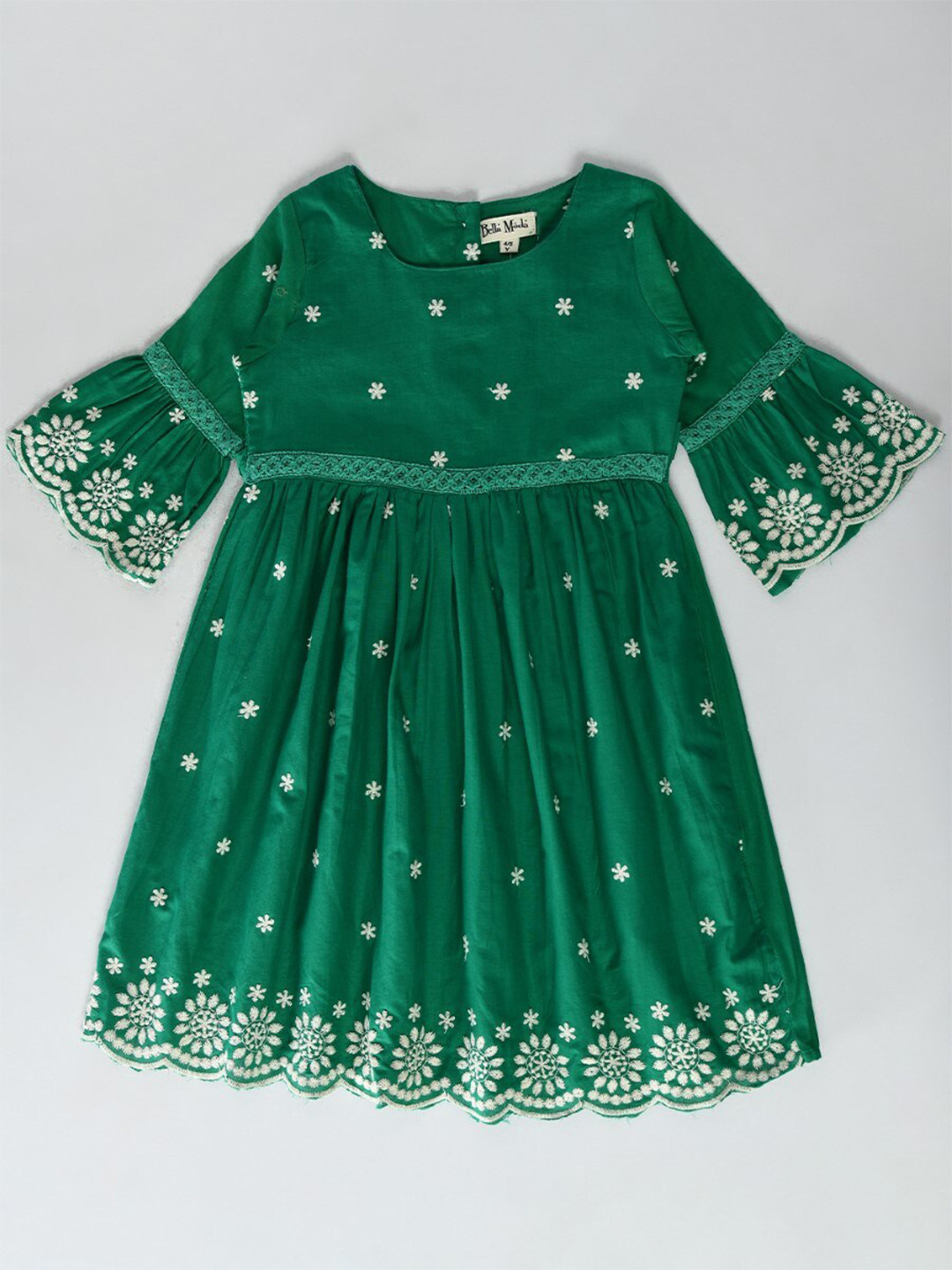 

Bella Moda Girls Floral Embroidered Pure Cotton Fit & Flare Dress, Green