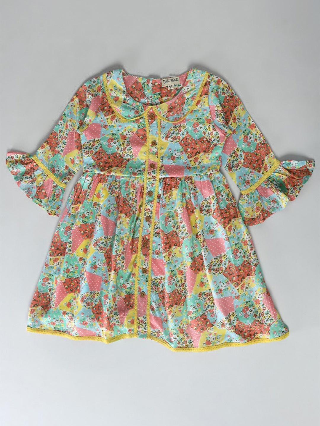

Bella Moda Girls Floral Printed Peter Pan Collar Pure Cotton Fit & Flare Dress, Green