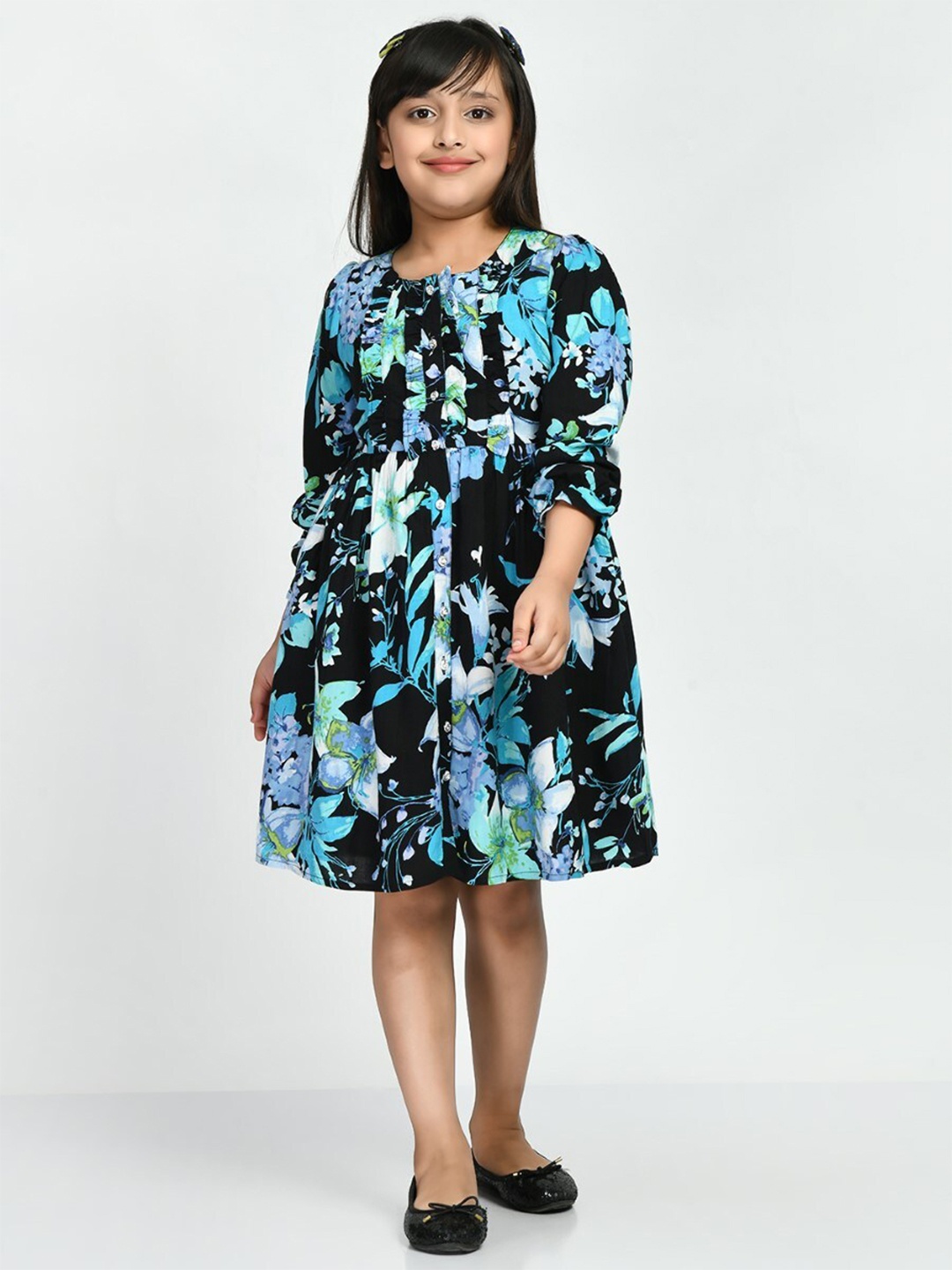 

Bella Moda Girls Floral Printed Pure Cotton Fit & Flare Dress, Black