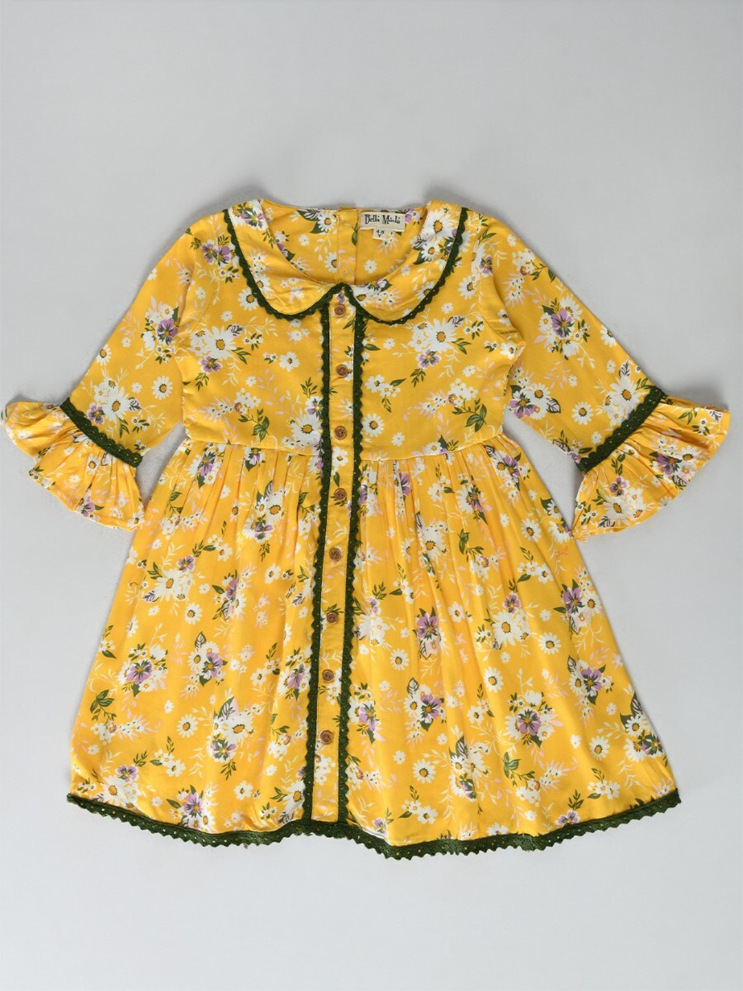 

Bella Moda Girls Floral Printed Peter Pan Collar Lace Insert Pure Cotton Fit & Flare Dress, Yellow