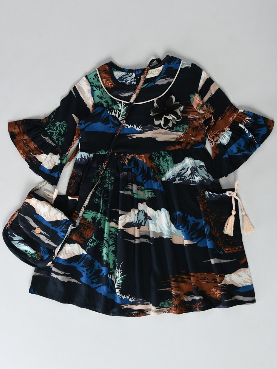 

Bella Moda Girls Tropical Printed Bell Sleeve Pure Cotton Fit & Flare Dress With Sling Bag, Black