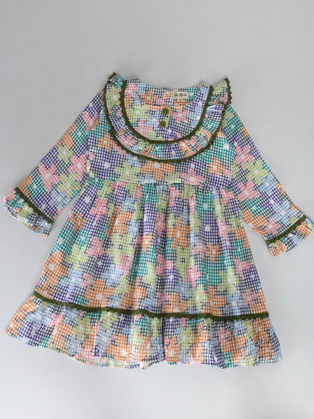 

Bella Moda Girls Floral Printed Lace Insert Pure Cotton Fit & Flare Dress, Blue