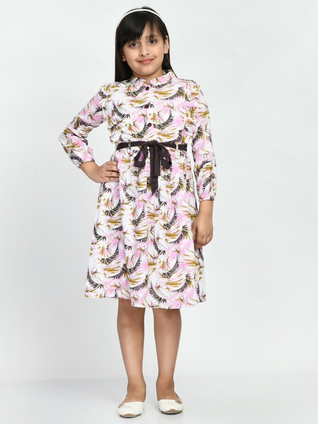 

Bella Moda Girls Tropical Printed Pure Cotton Fit & Flare Dress With Belt, White