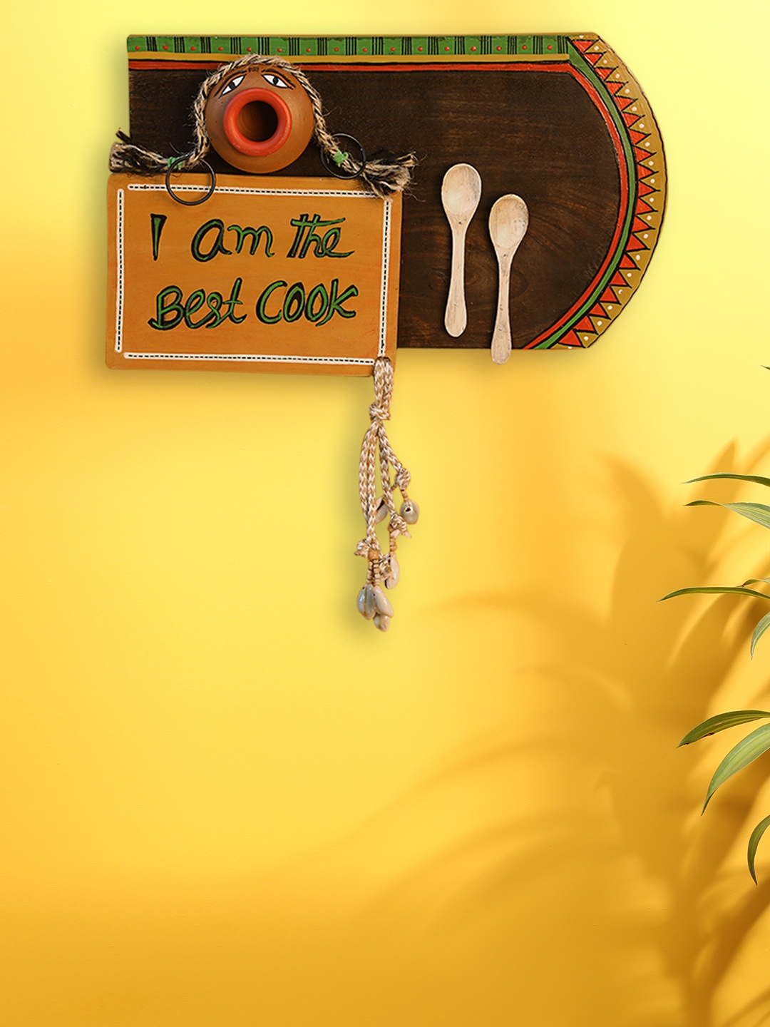 

ExclusiveLane Brown Hand-Painted Wooden Wall Signage Hanging with Terracotta Pot