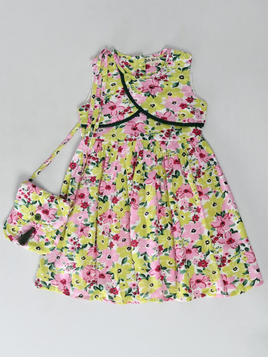 

Bella Moda Girls Floral Printed Lace Insert Pure Cotton Fit & Flare Dress With Sling Bag, Pink