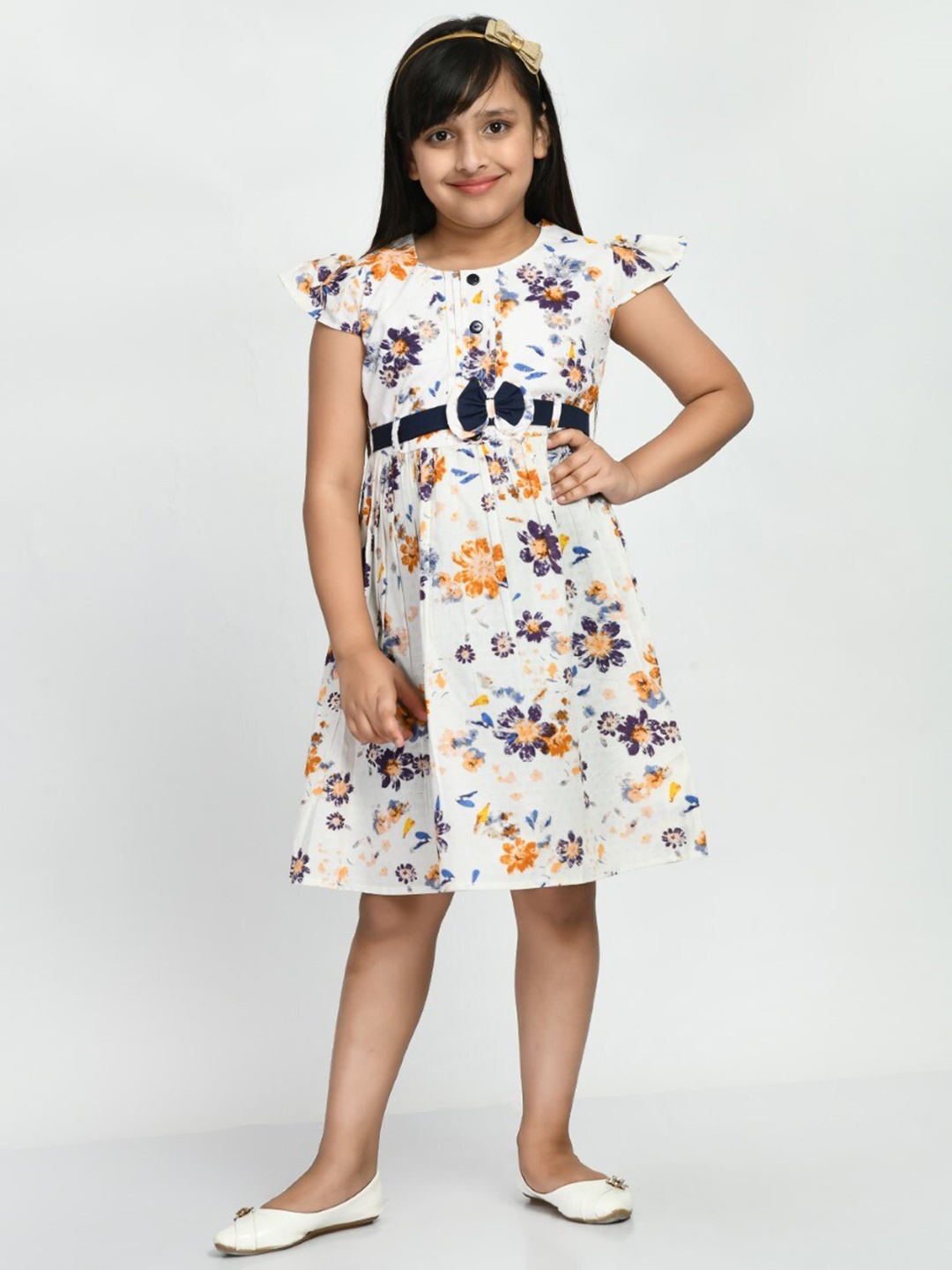 

Bella Moda Girls Floral Printed Bow Detail Pure Cotton Fit & Flare Dress, White