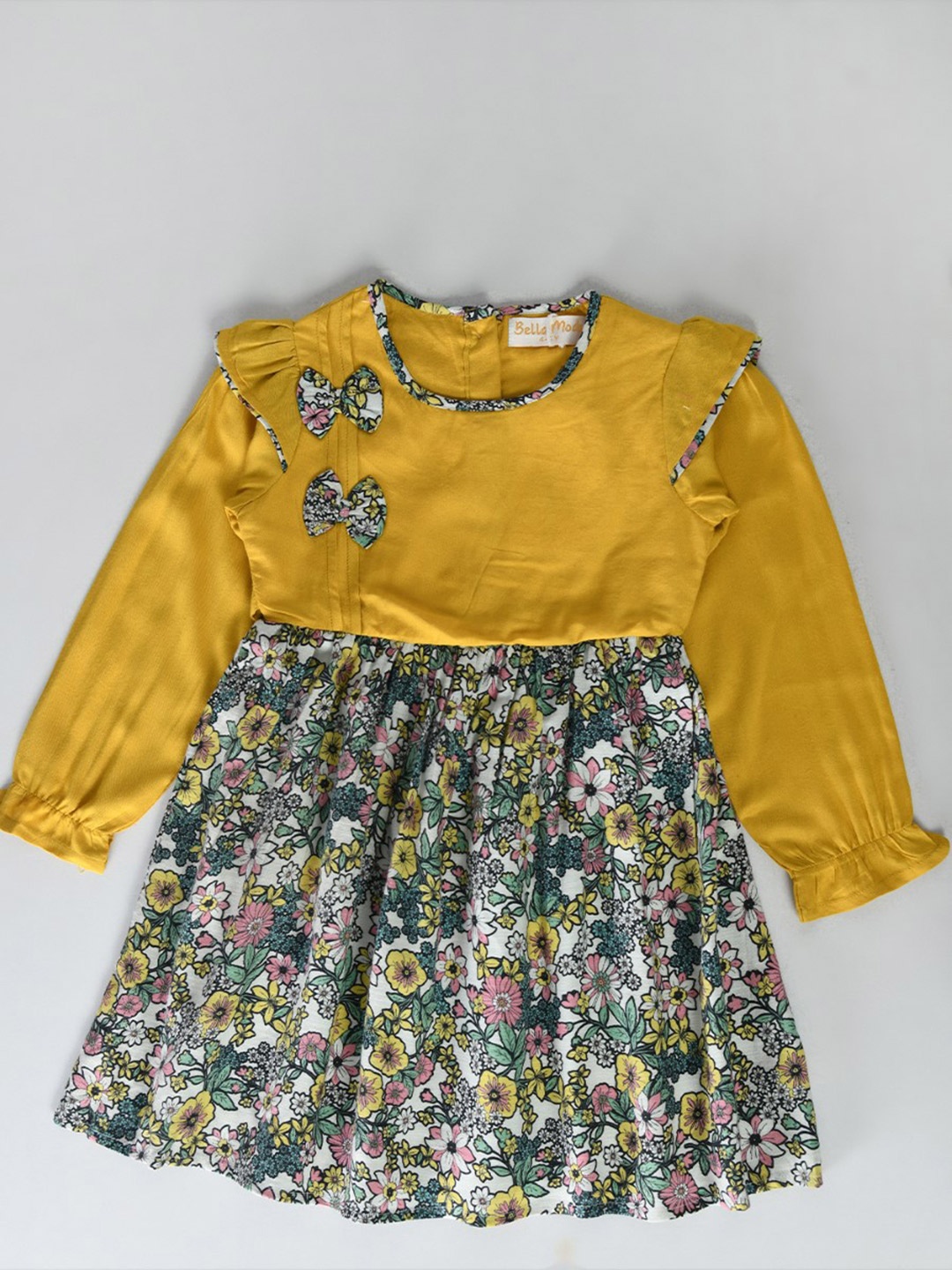 

Bella Moda Girls Floral Printed Ruffled Pure Cotton Fit & Flare Dress, Mustard