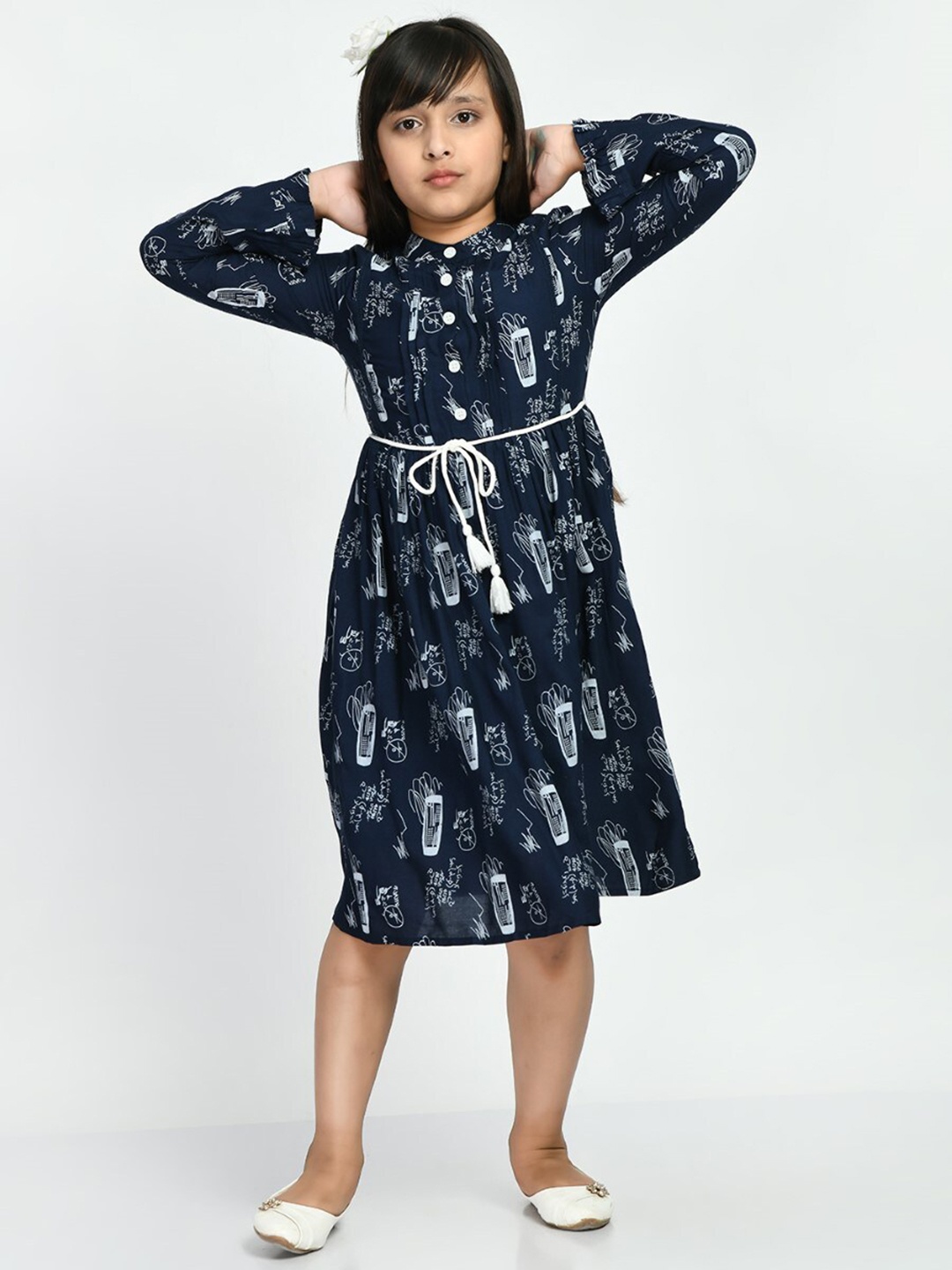 

Bella Moda Girls Conversational Printed Pure Cotton Fit & Flare Midi Dress, Navy blue