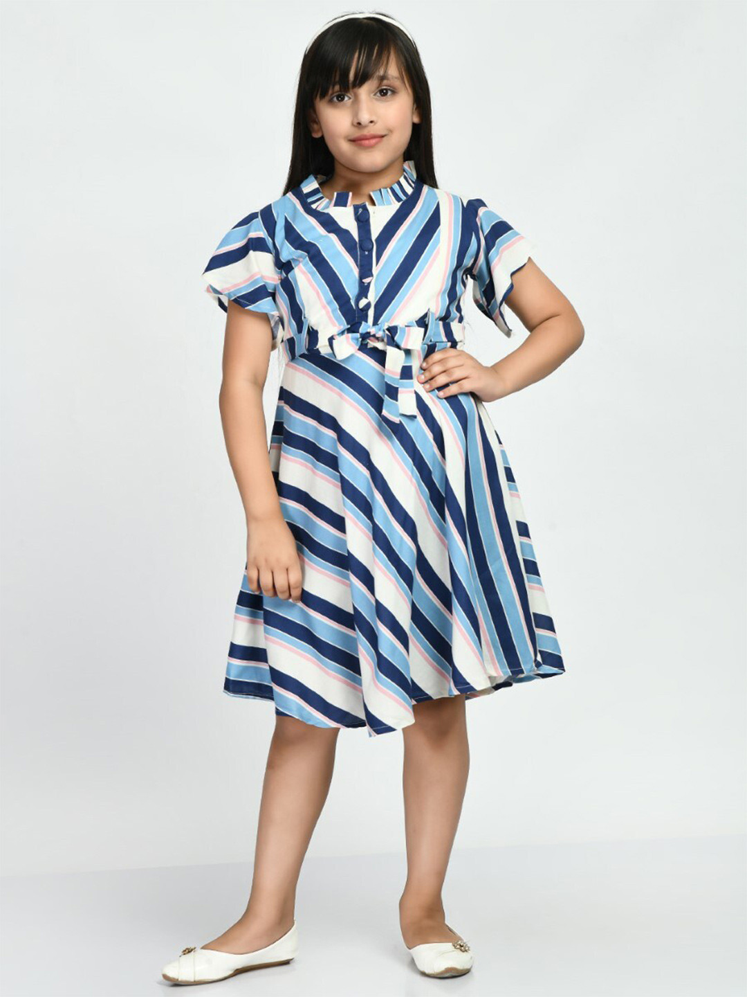 

Bella Moda Girls Striped Pure Cotton Fit & Flare Dress, Blue
