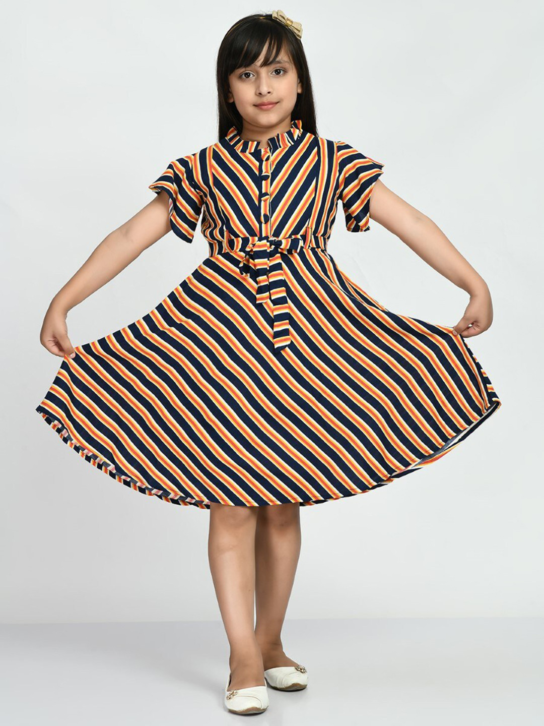 

Bella Moda Girls Striped Pure Cotton Fit & Flare Dress, Blue