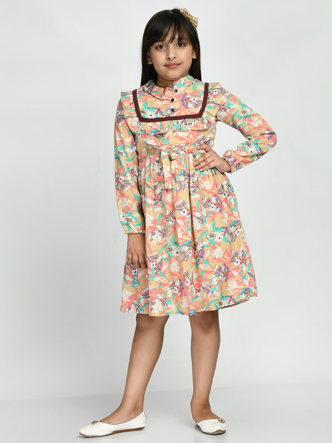 

Bella Moda Girls Floral Printed Ruffled Pure Cotton Fit & Flare Dress, Beige