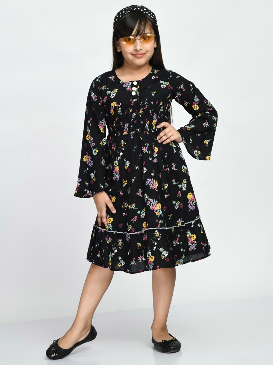 

Bella Moda Girls Floral Printed Smocked Pure Cotton Fit & Flare Dress, Black