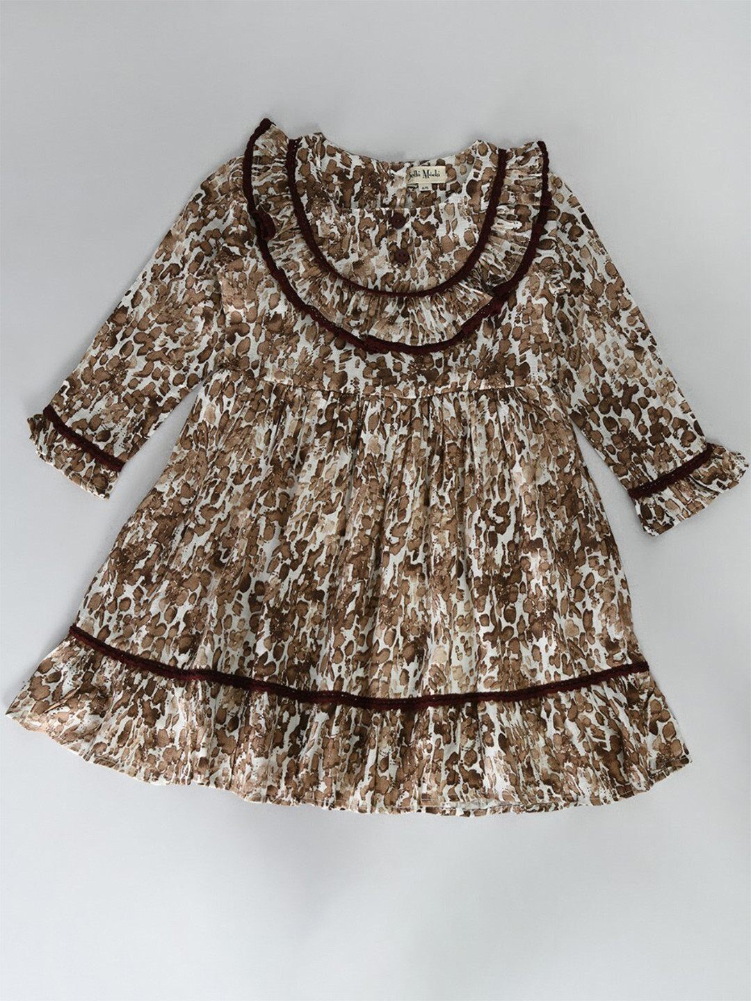 

Bella Moda Girls Floral Printed Ruffled Pure Cotton Fit & Flare Dress, Brown