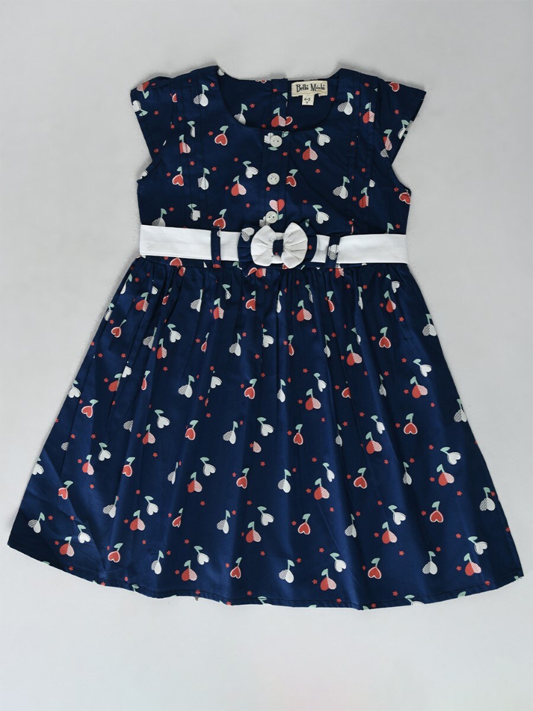 

Bella Moda Girls Floral Printed Bow Detail Pure Cotton Fit & Flare Dress, Navy blue