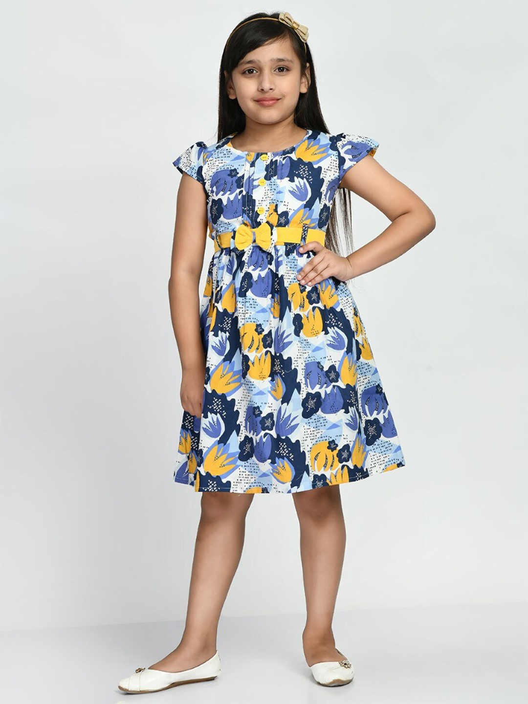 

Bella Moda Girls Floral Printed Bow Detail Pure Cotton Fit & Flare Dress, Blue