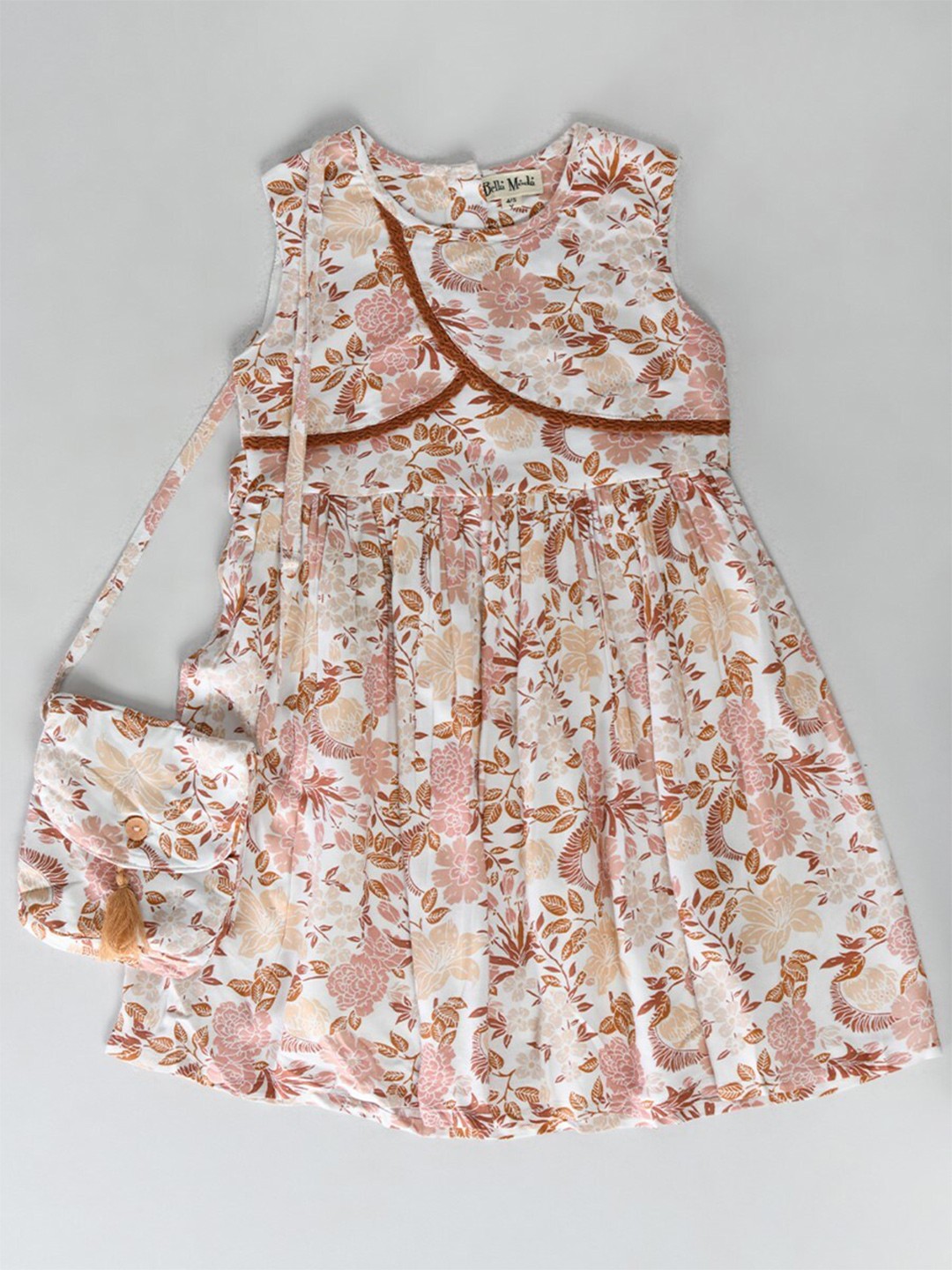 

Bella Moda Girls Floral Printed Pure Cotton Fit & Flare Dress With Sling Bag, Brown