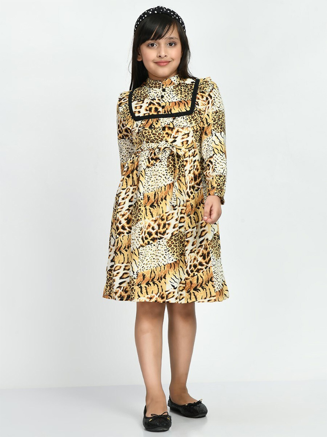 

Bella Moda Girls Animal Printed Pure Cotton A-Line Dress With Belt, Mustard