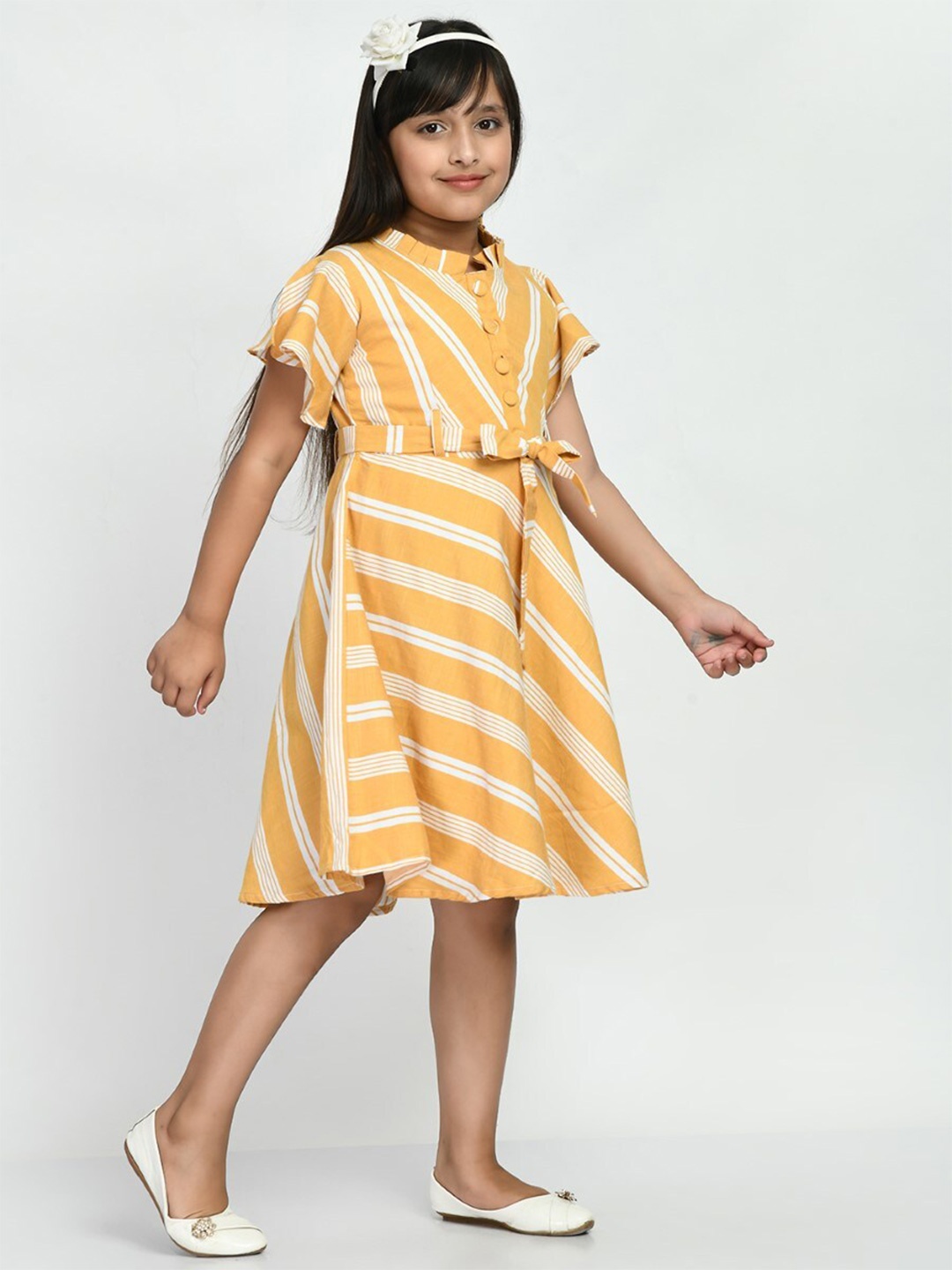 

Bella Moda Girls Striped Flared Sleeves Pure Cotton Fit & Flare Dress With Belt, Yellow