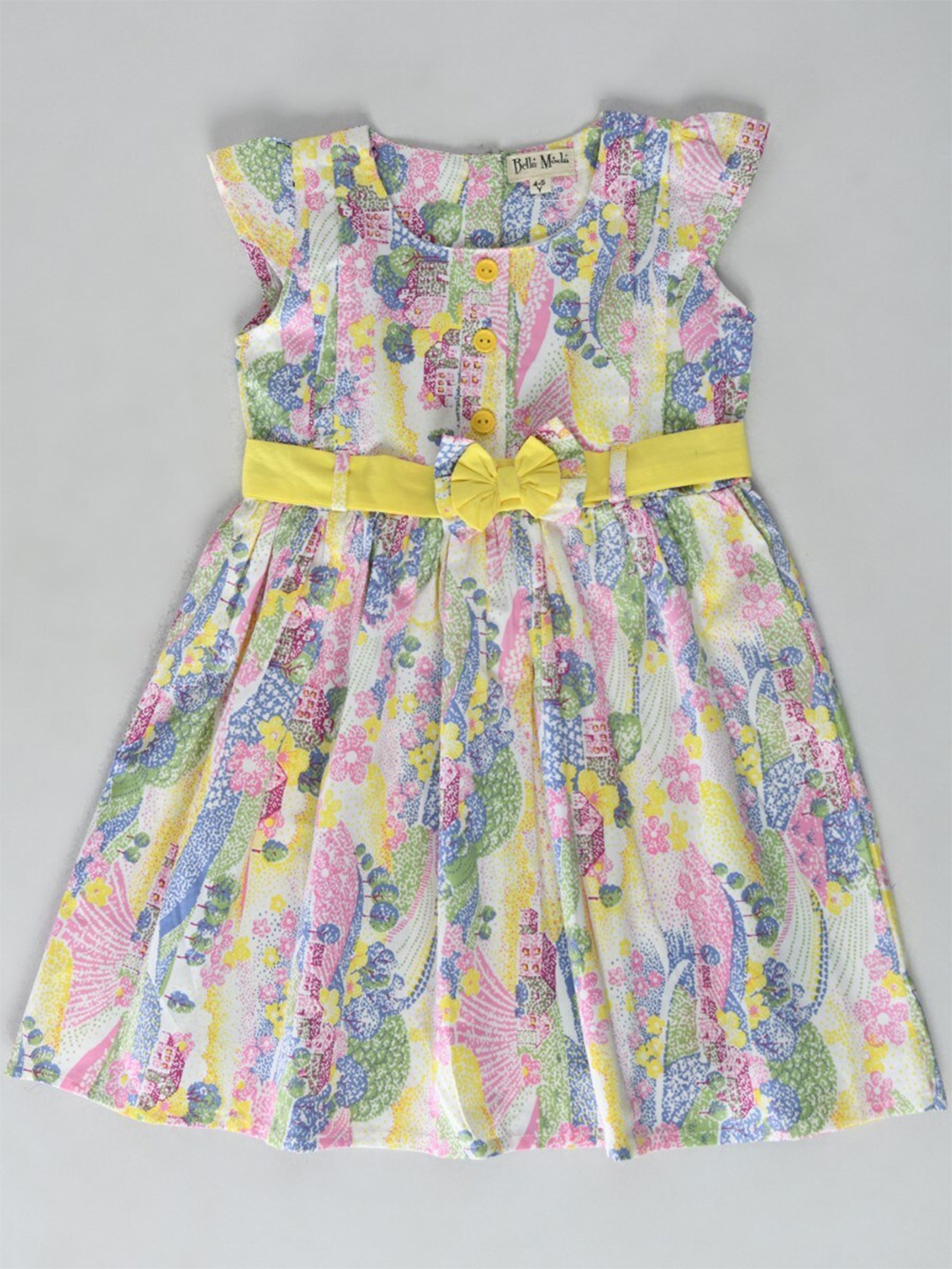

Bella Moda Girls Floral Printed Bow Detail Pure Cotton Fit & Flare Dress, White