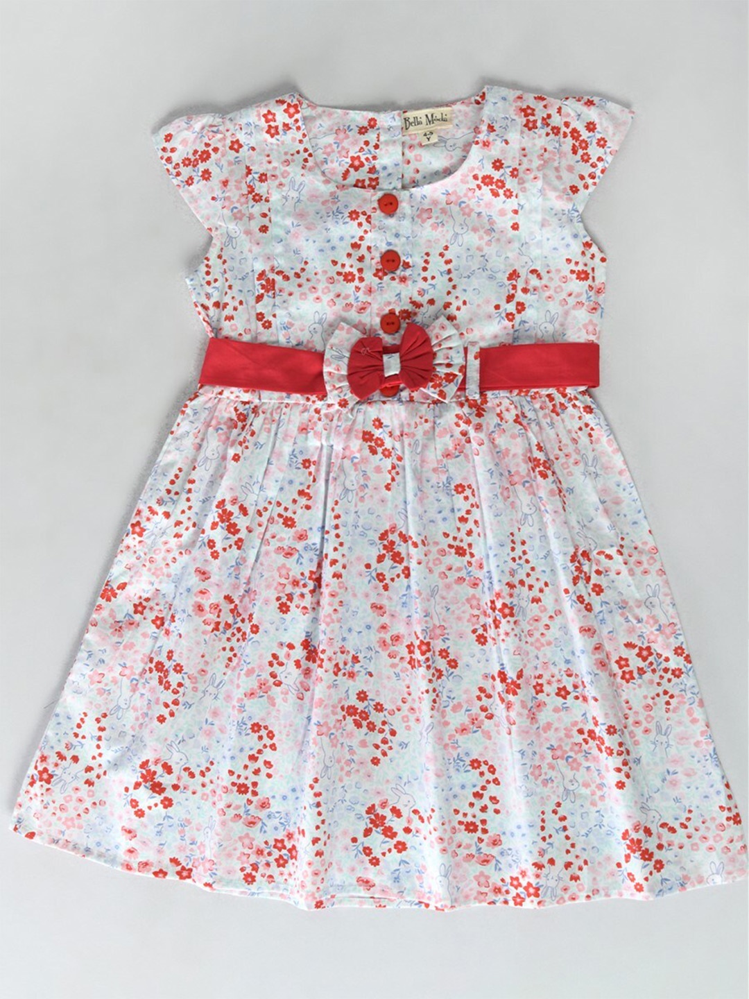 

Bella Moda Girls Floral Printed Bow Detail Pure Cotton Fit & Flare Dress, White