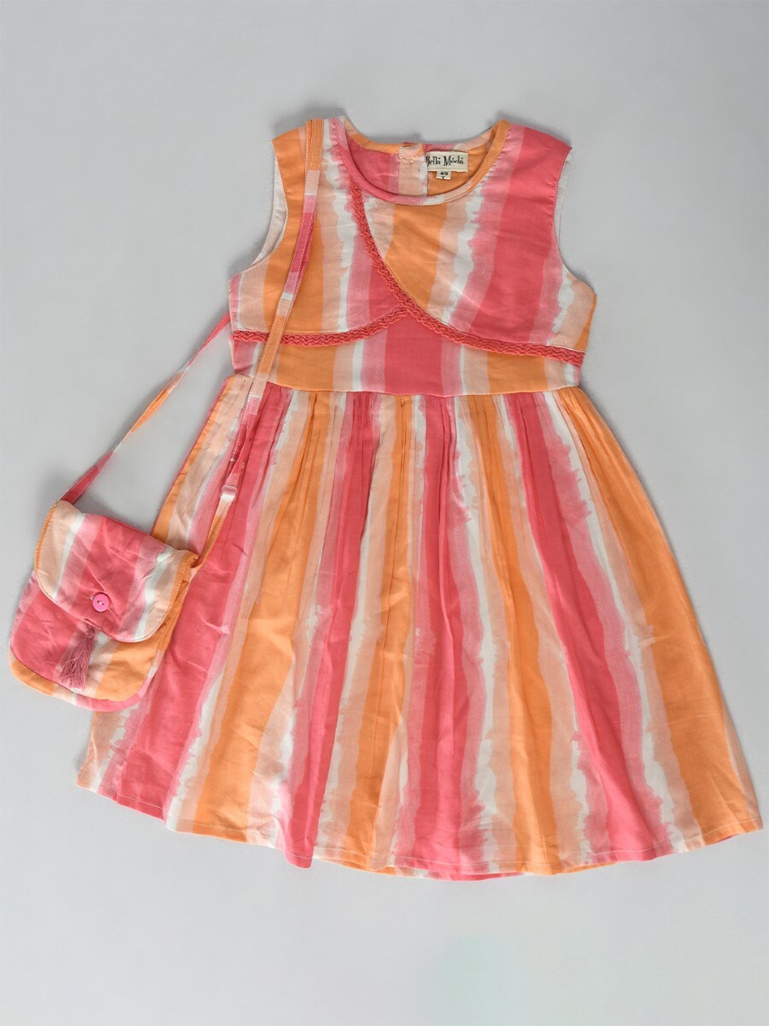 

Bella Moda Girls Striped Pure Cotton Fit & Flare Dress With Sling Bag, Pink