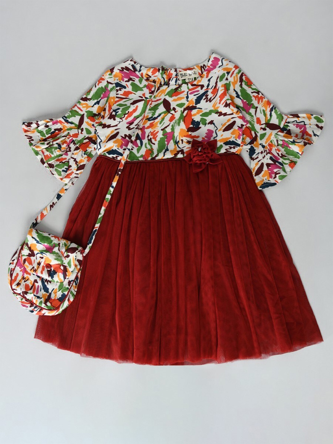 

Bella Moda Girls Floral Printed Pure Cotton Fit & Flare Dress With Sling Bag, Red