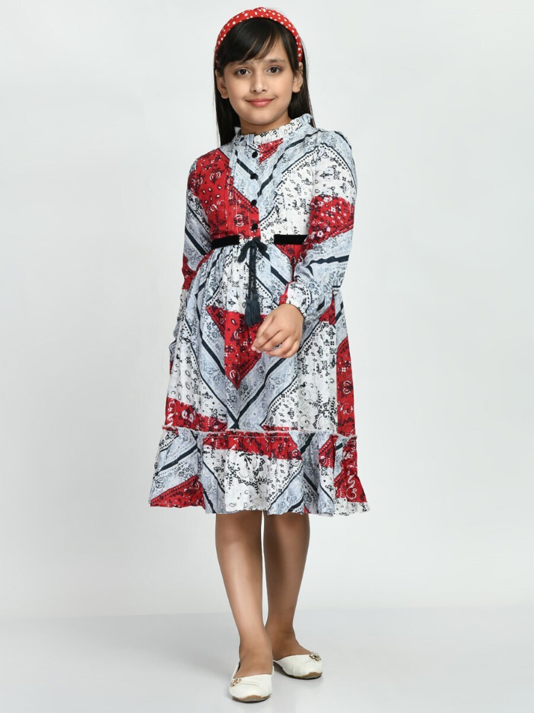 

Bella Moda Girls Bandana Printed Pure Cotton Fit & Flare Dress, Red