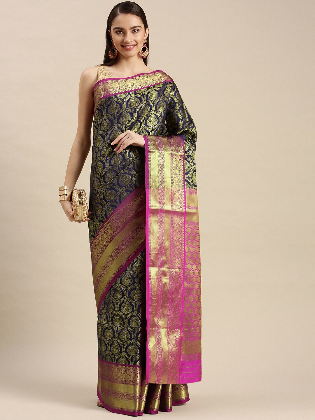 

AVANTIKA FASHION Ethnic Motifs Woven Design Zari Pure Silk Kanjeevaram Saree, Blue