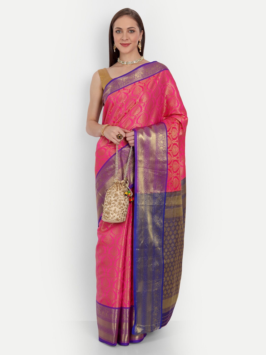 

AVANTIKA FASHION Ethnic Motifs Woven Design Zari Pure Silk Kanjeevaram Saree, Pink