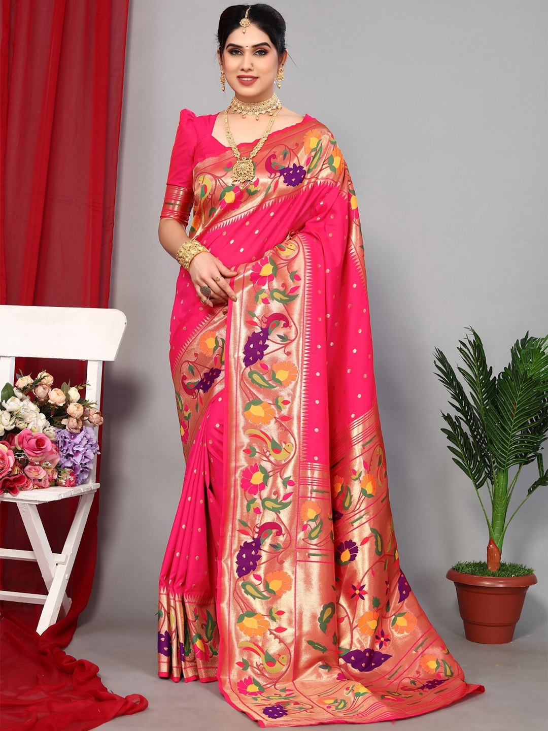 

Mitera Pink & Green Polka Dots Woven Design Zari Paithani Saree