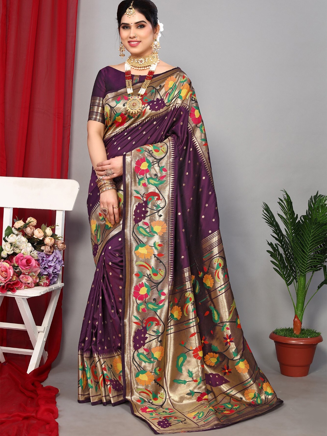 

Mitera Purple & Gold-Toned Polka Dots Woven Design Zari Paithani Saree