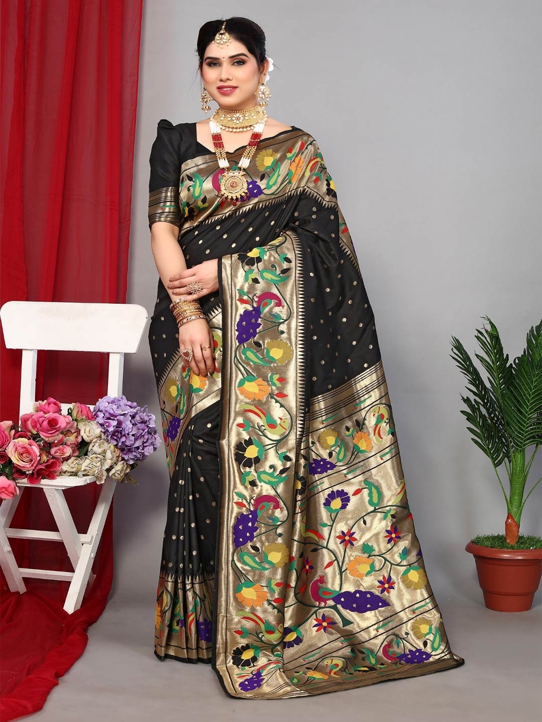 

Mitera Black & Purple Polka Dots Woven Design Zari Paithani Saree