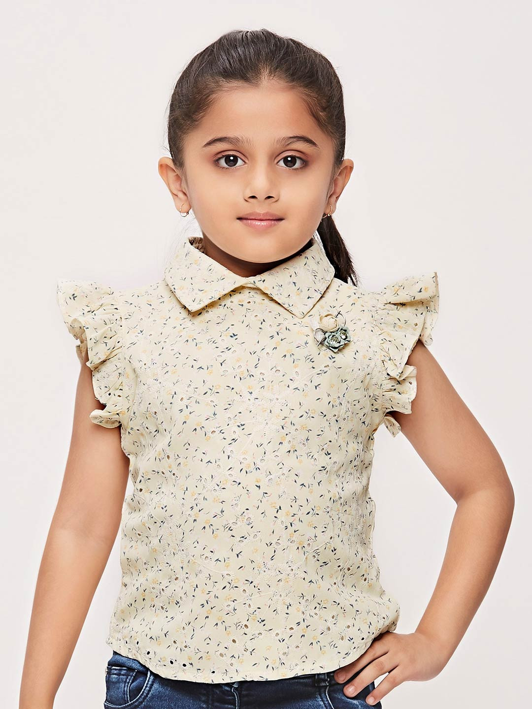 

Tiny Girl Floral Printed Flutter Sleeves Cotton Shirt Style Top, Yellow