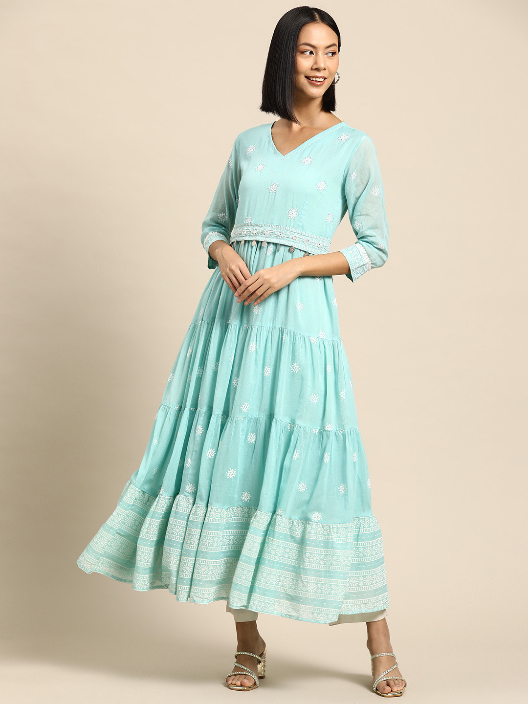 

INDYES Women Turquoise Blue & White Embellished Tiering Anarkali Kurta