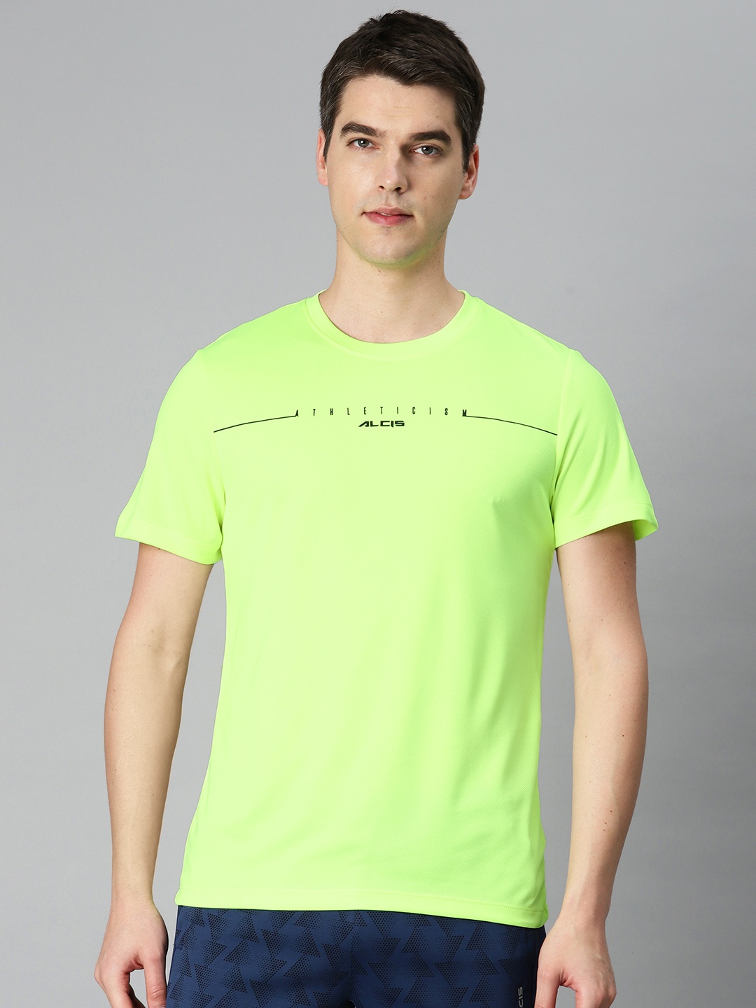 

Alcis Men Typography Printed Anti Static Slim Fit Sports T-shirt, Fluorescent green