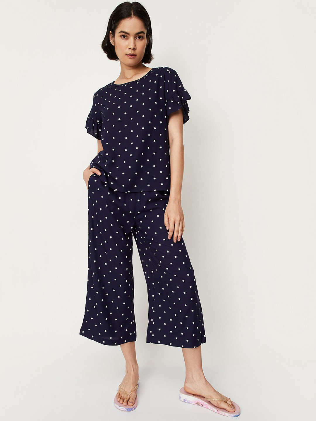 

max Conversational Printed Pure Cotton Night Suit, Navy blue