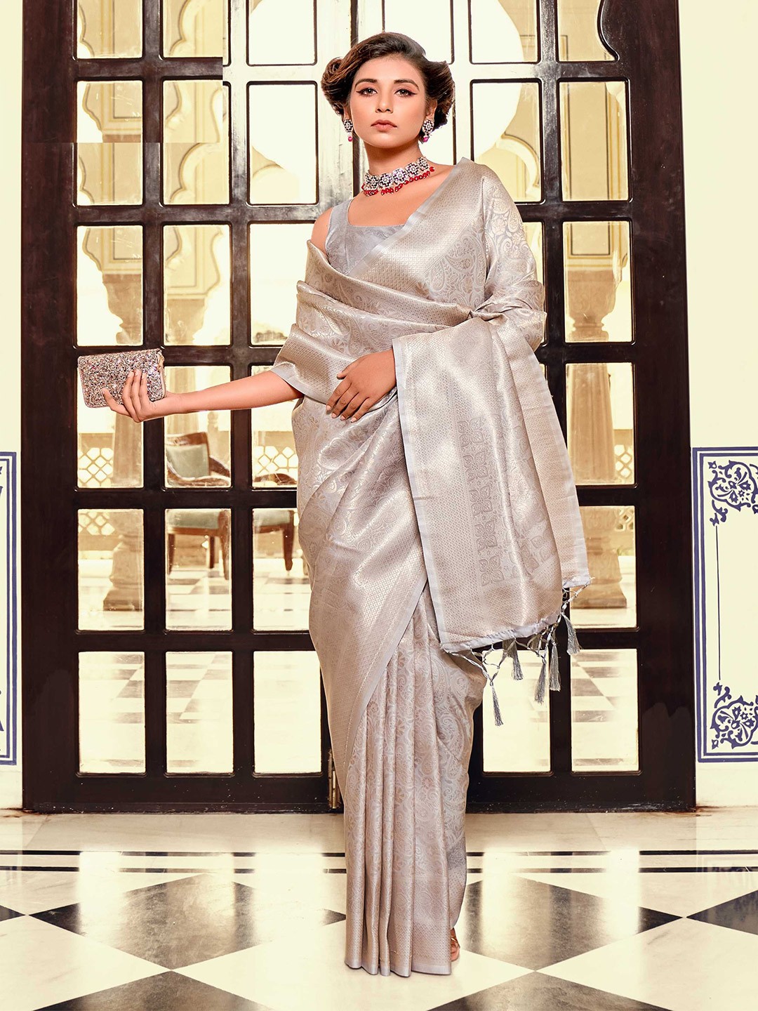 

Mitera Grey Paisley Woven Design Zari Kanjeevaram Saree