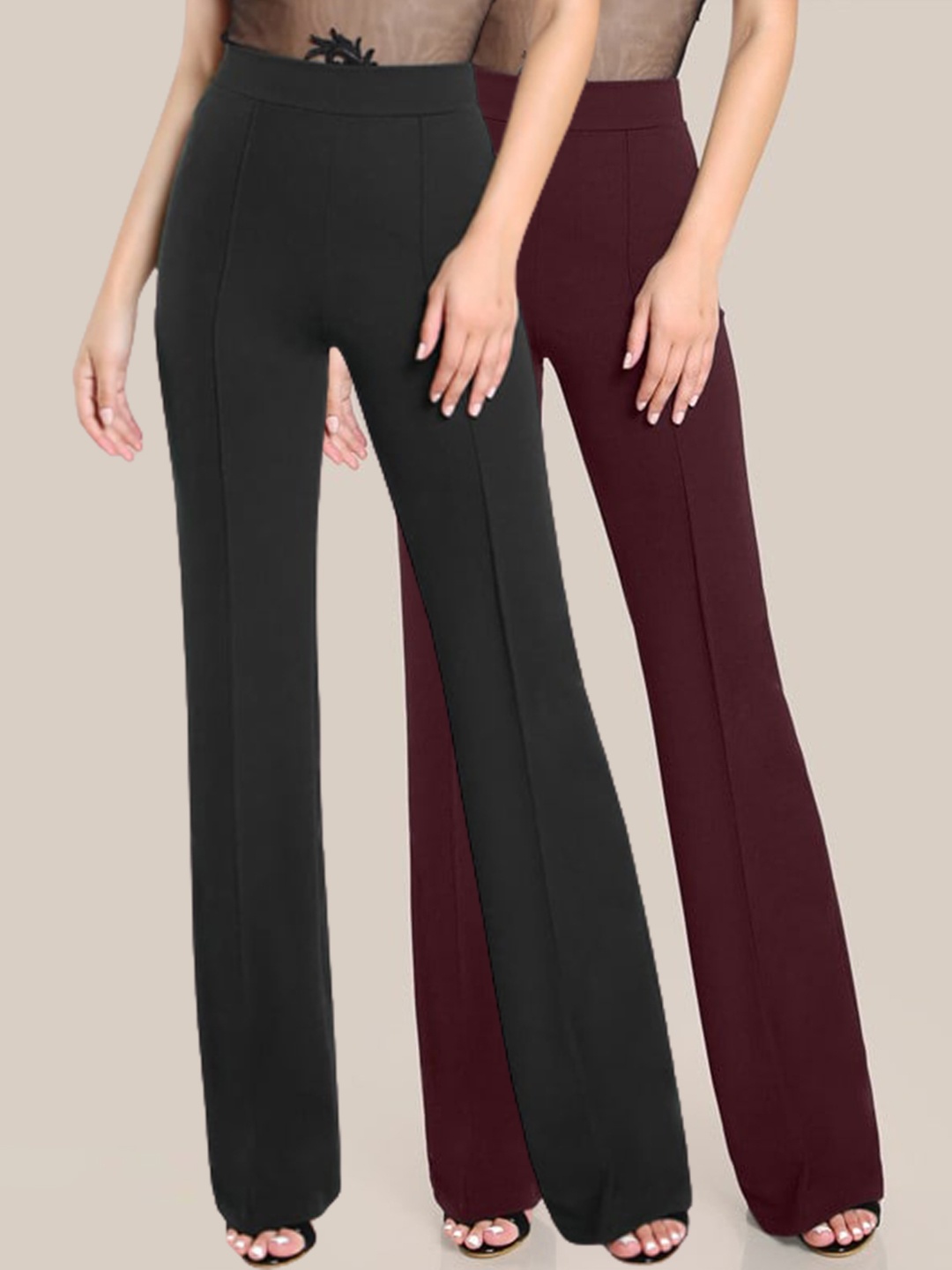 

LEE TEX Women Pack Of 2 Relaxed Straight Leg High-Rise Easy Wash Bootcut Trousers, Maroon