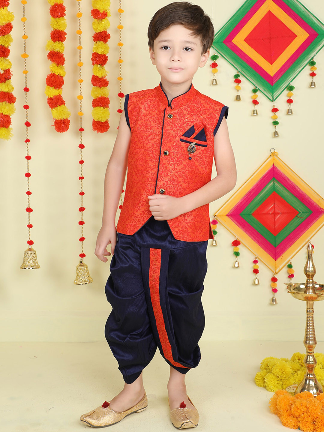 

Jeetethnics Boys Printed Nehru Jacket With Dhoti Pants, Orange