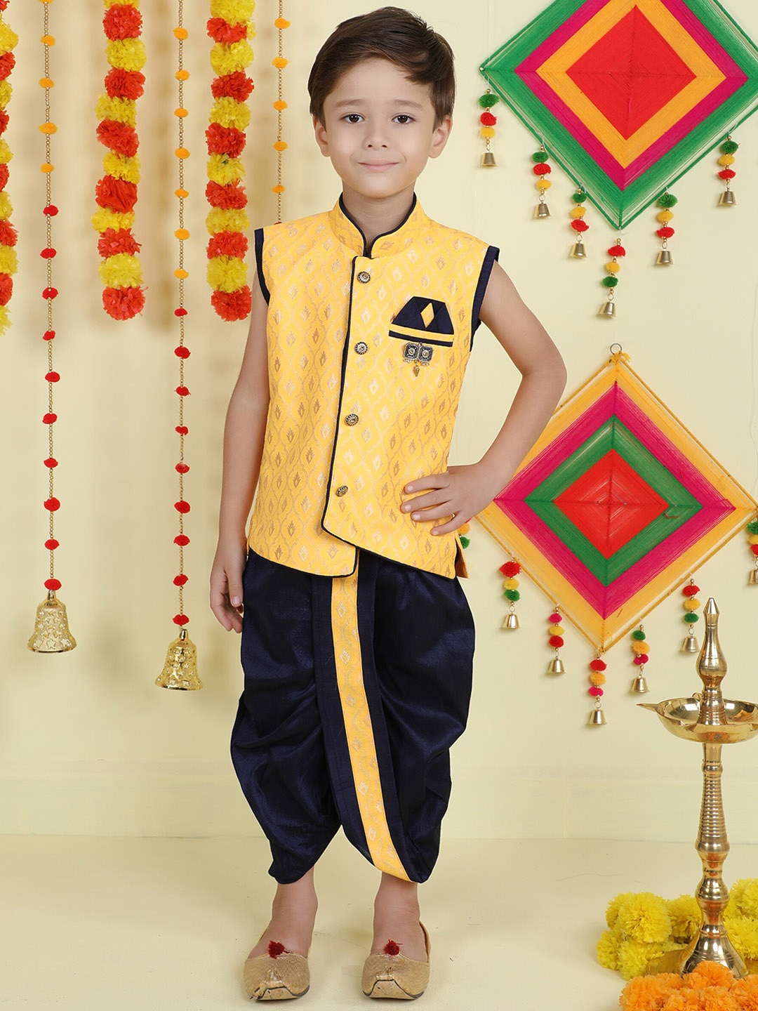 

Jeetethnics Boys Ethnic Motif Woven Design Mandarin Collar Kurta With Dhoti Pants, Yellow