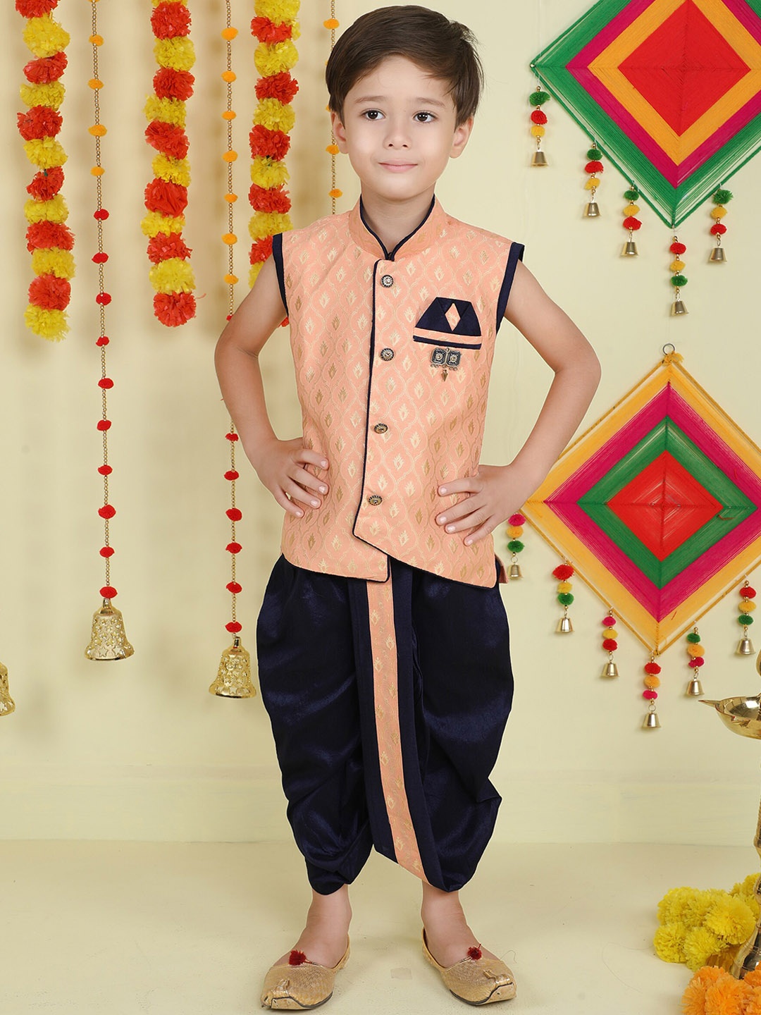 

Jeetethnics Boys Printed Nehru Jacket With Dhoti Pants, Peach