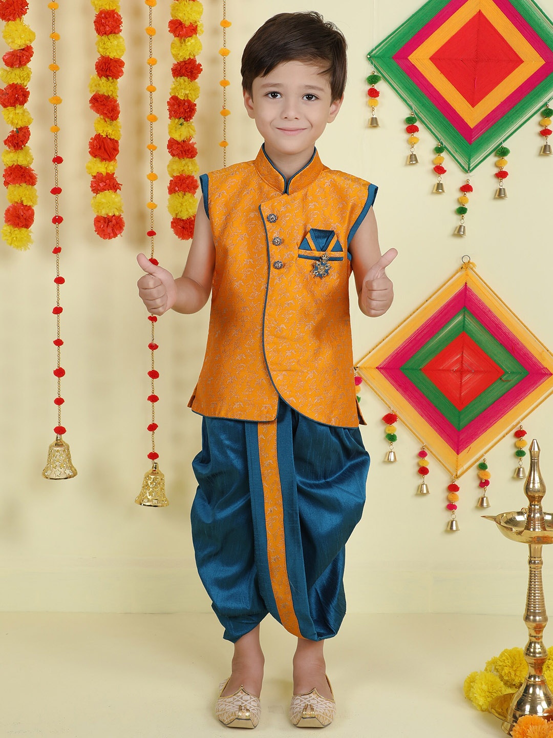 

Jeetethnics Boys Printed Nehru Jacket With Dhoti Pants, Yellow