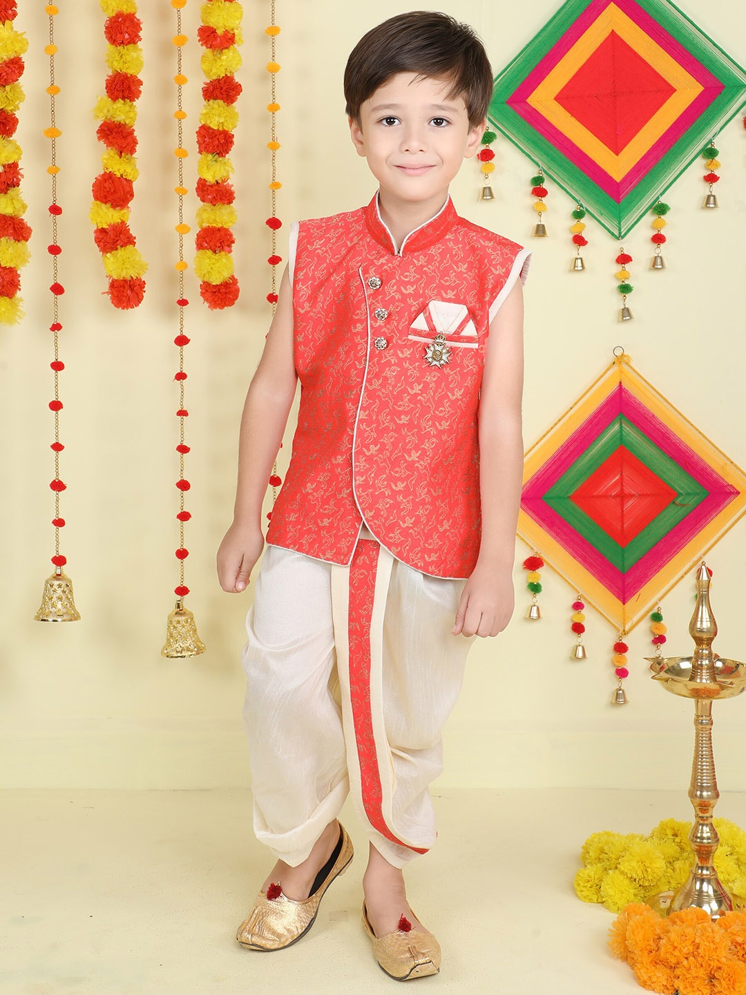 

Jeetethnics Boys Ethnic Motif Woven Design Mandarin Collar Kurta With Dhoti Pants, Orange