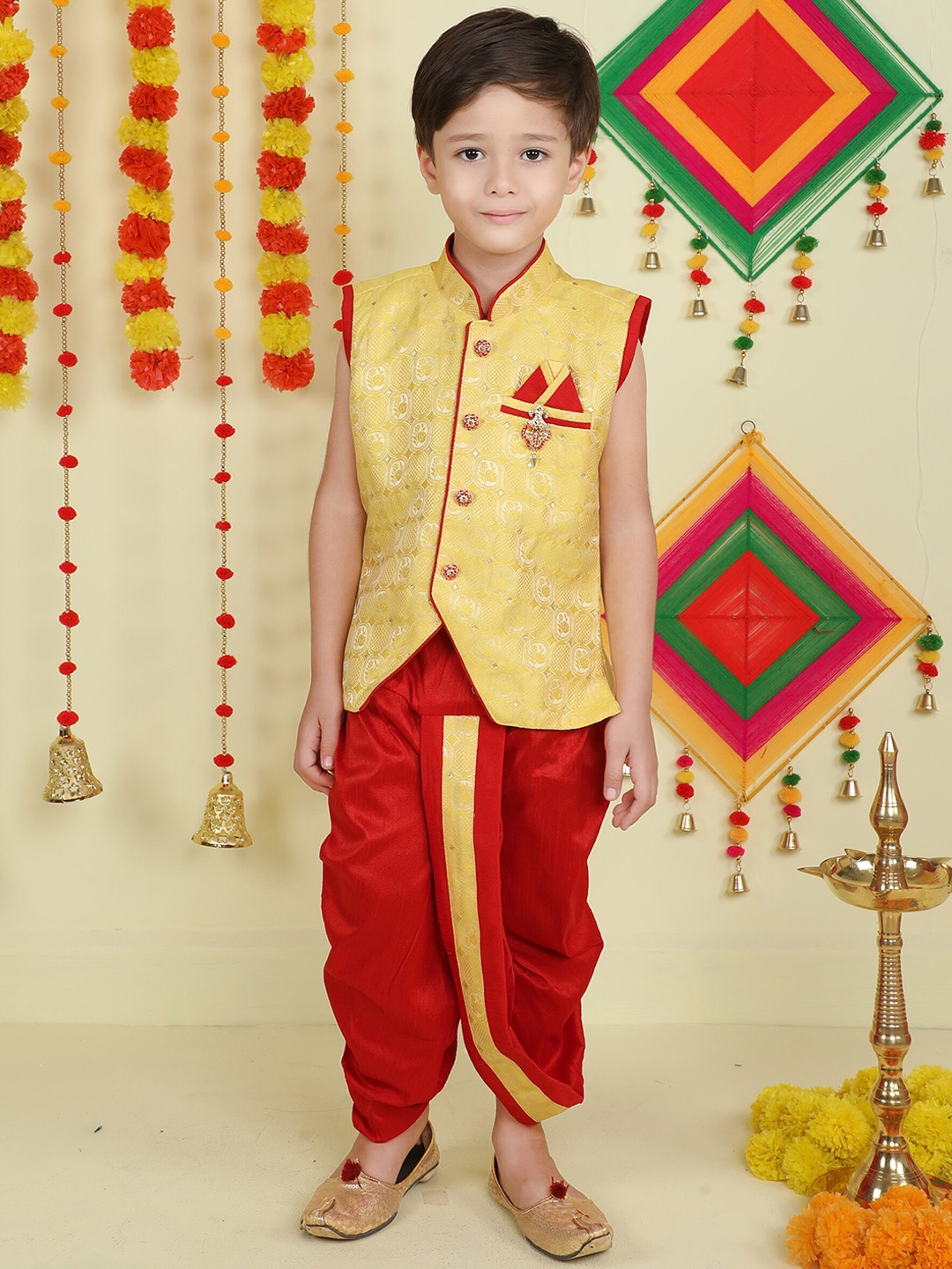 

Jeetethnics Boys Ethnic Motif Woven Design Mandarin Collar Kurta With Dhoti Pants, Yellow