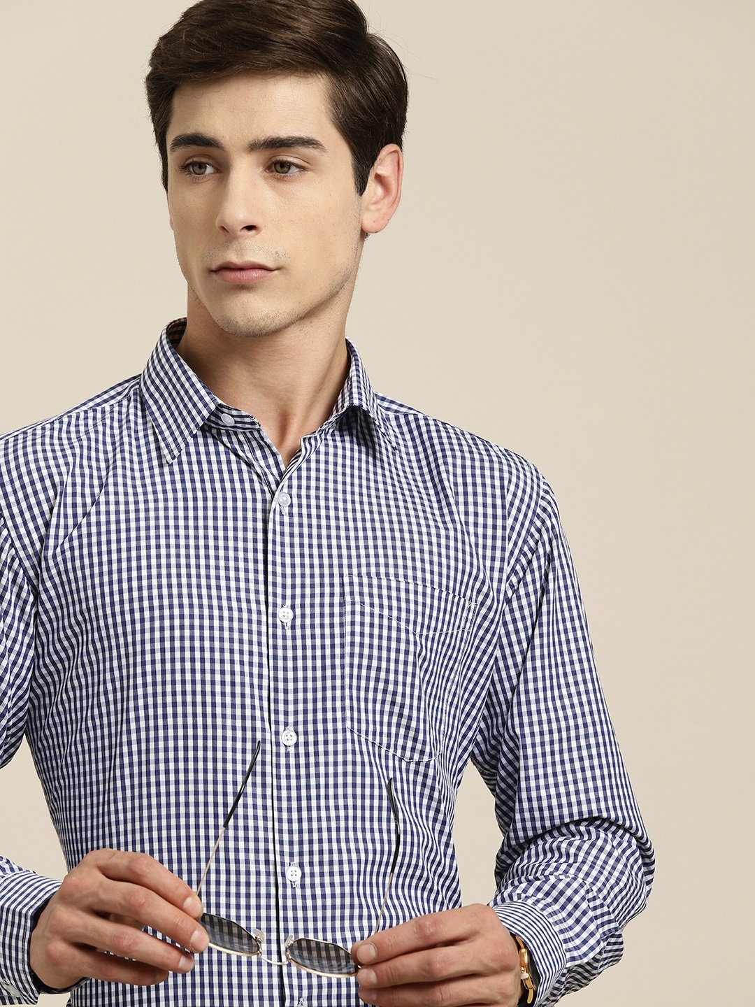 

Hancock Men Slim Fit Gingham Checks Wrinkle Resistant Opaque Formal Shirt, Navy blue