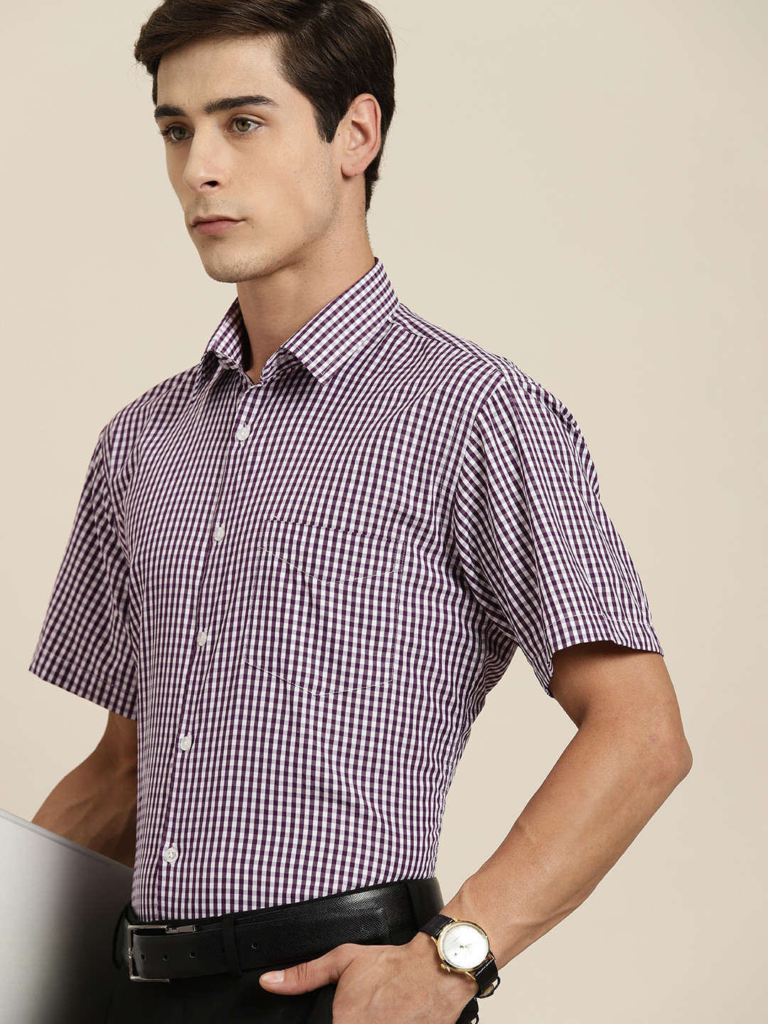 

Hancock Men Slim Fit Gingham Checks Wrinkle Resistant Opaque Formal Shirt, Purple