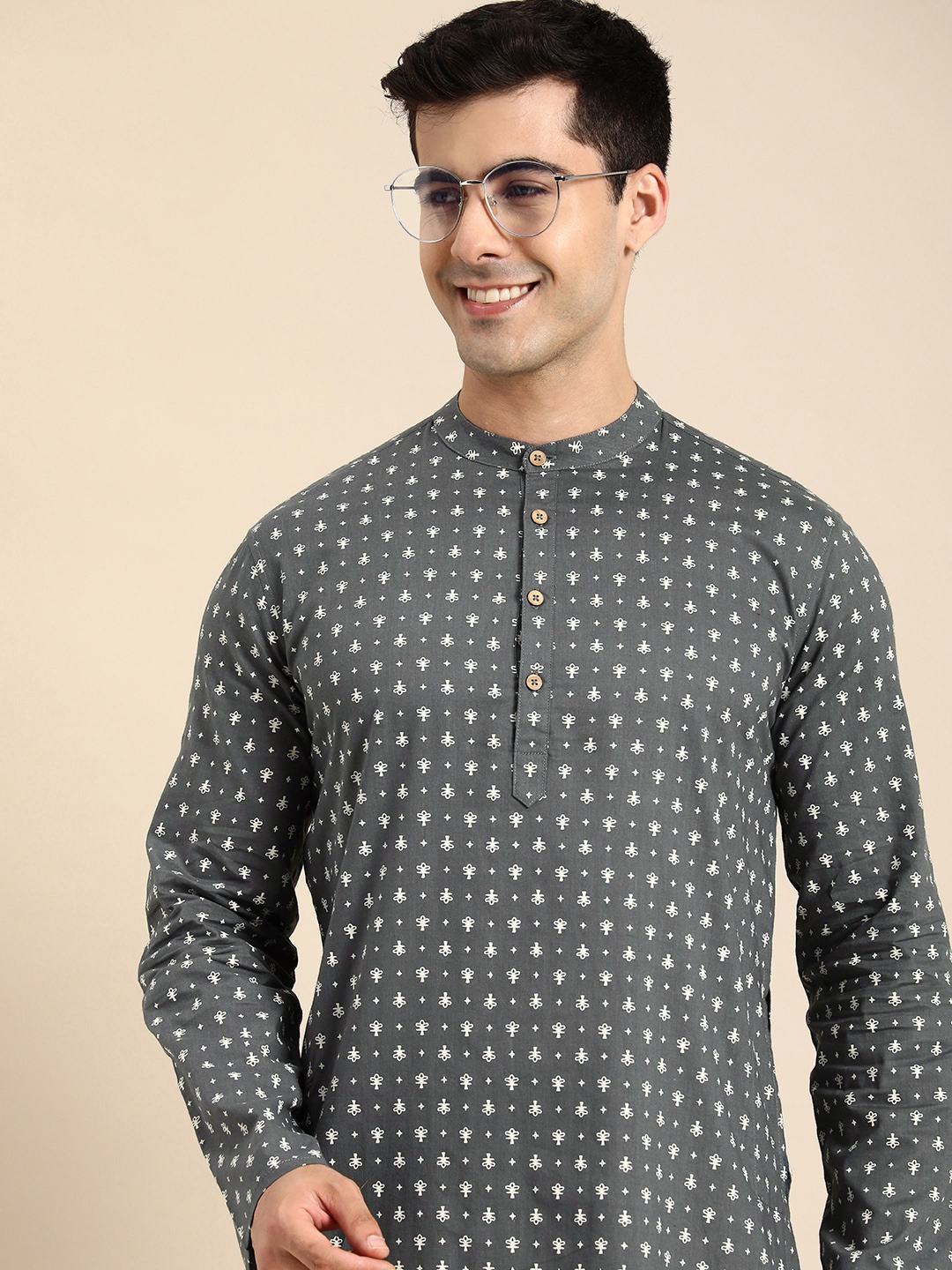 

Anouk Men Ethnic Motifs Printed Mandarin Collar Pure Cotton Kurta, Grey