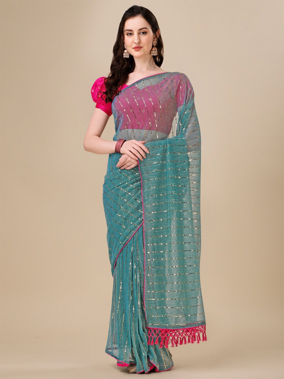 

Granthva Fab Sequinned Embellished Saree, Turquoise blue