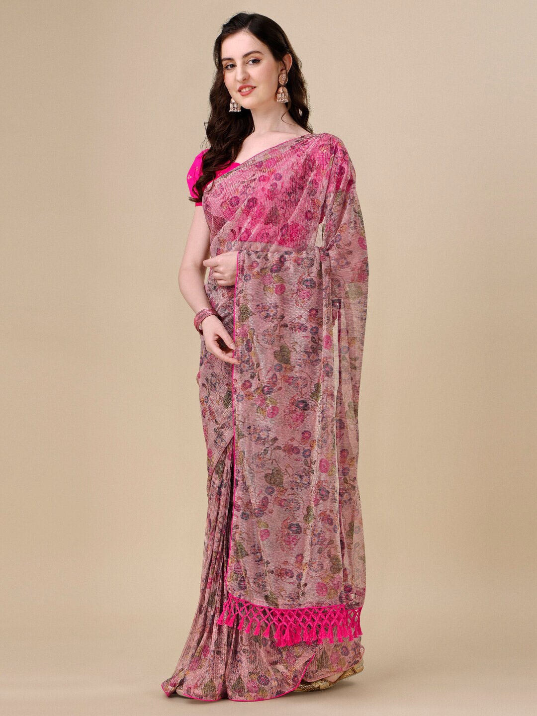 

Granthva Fab Floral Printed Saree, Beige