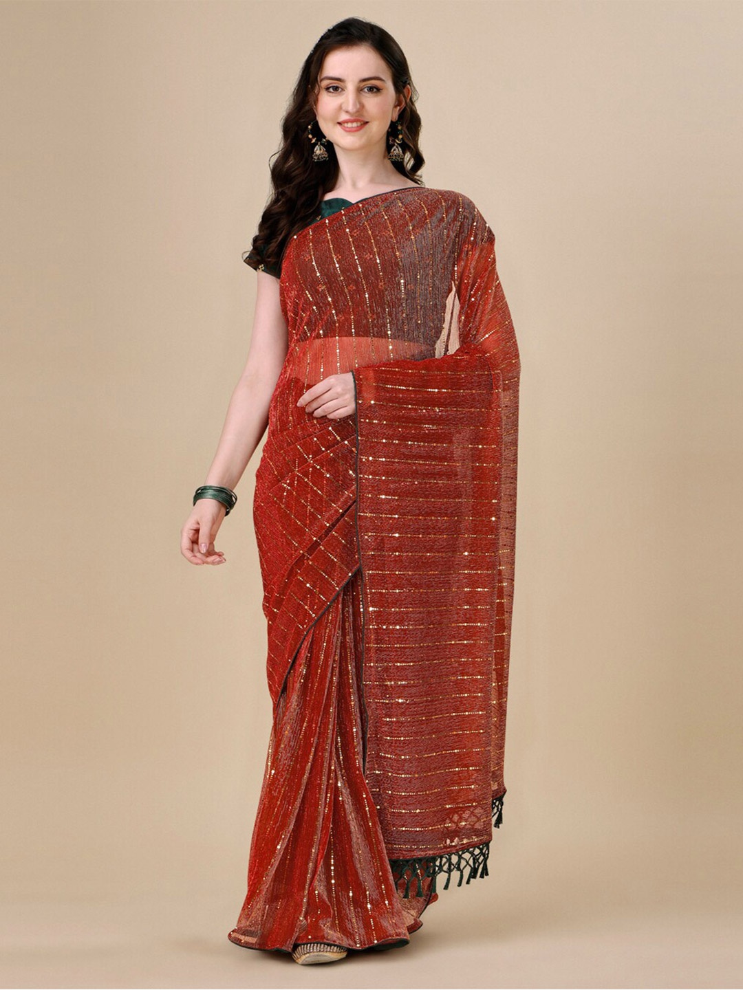 

Granthva Fab Sequinned Embellished Saree, Orange